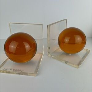 Vintage Modern Thomas O’Brian-Amber Lucite Sphere Bookends - Pair